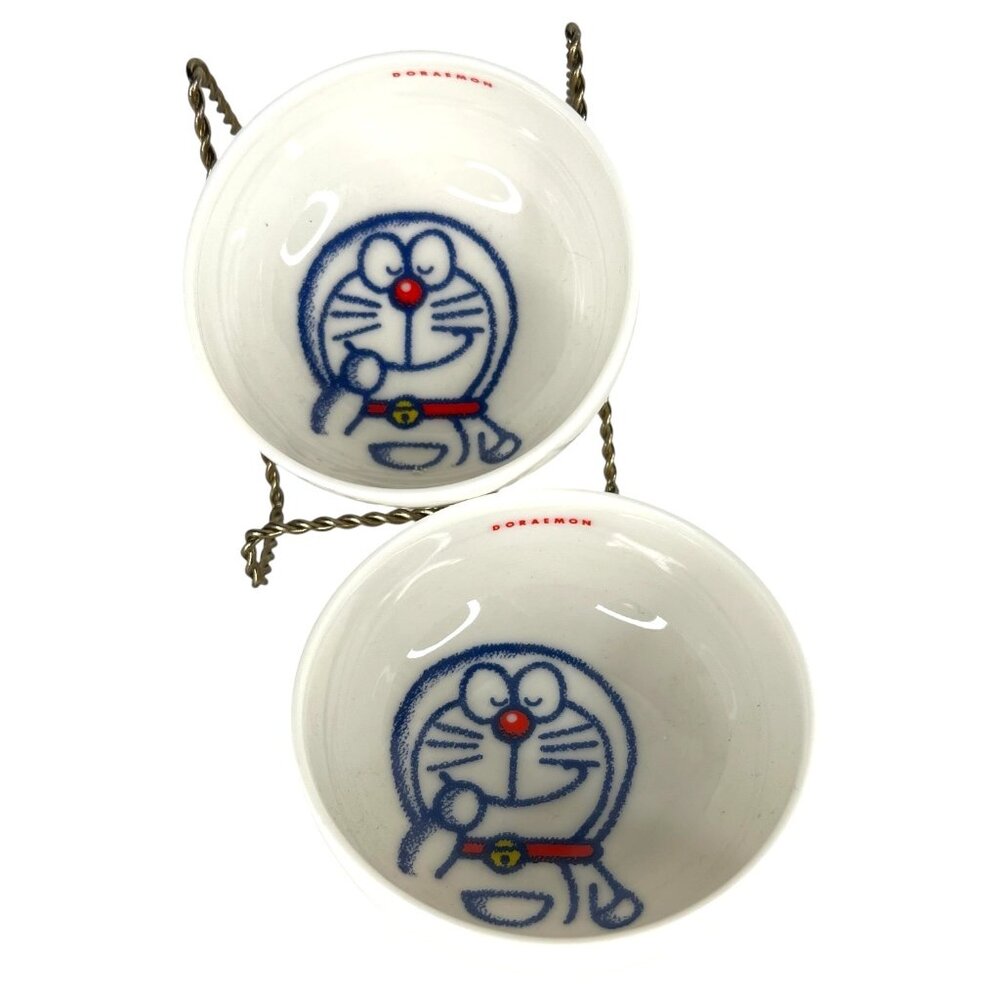 2 Doraemon Cat Ceramic Bowls Ramen Rice Soup‎ White Blue Character Design Anime